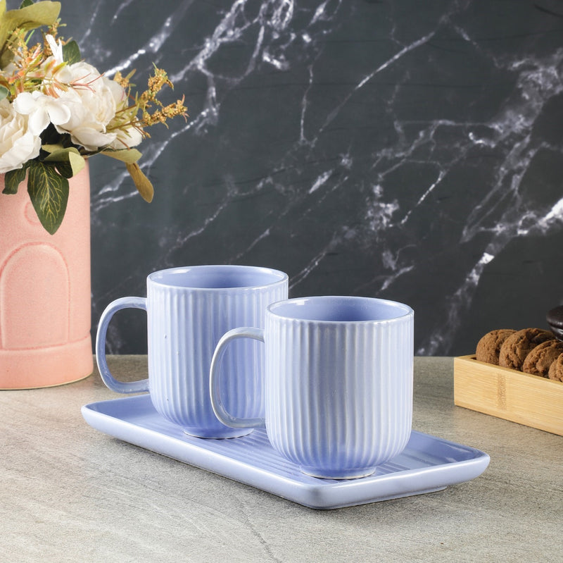 Combed Mug Set with Tray- Lilac (Set of 2)