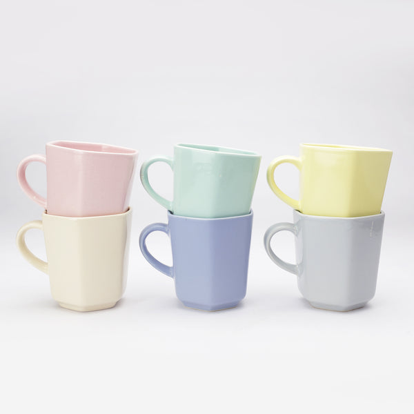 Ceramic Pastel Hexa Mugs- Set of 6