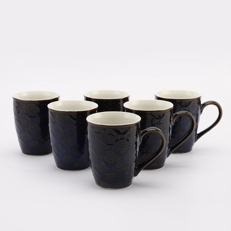 Ceramic Embossed Blue Glazed Mug- Set  of 6