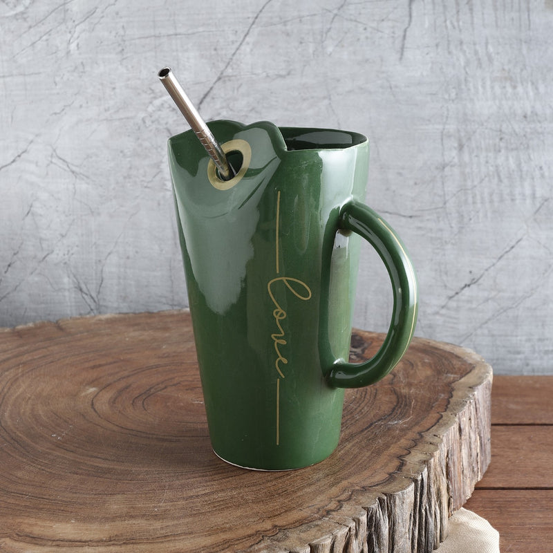 Ceramic Glazed Straw Mug- Green