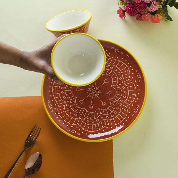 Red Mandala Ceramic Plate and Bowl Set