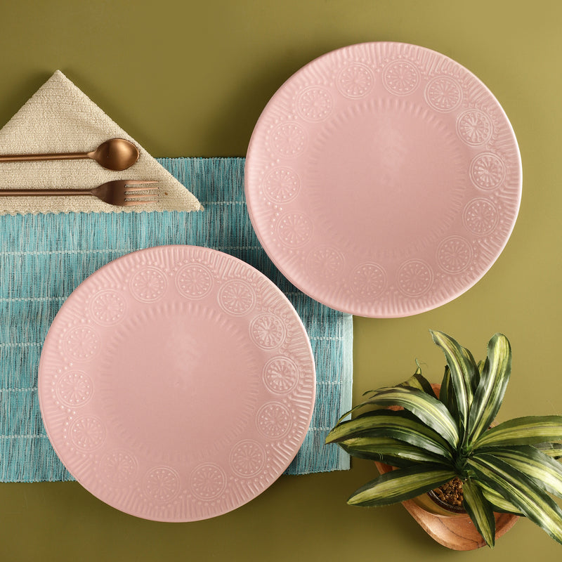 Ceramic Emboss Rim Dinner Plate- Pink (Set of 2)