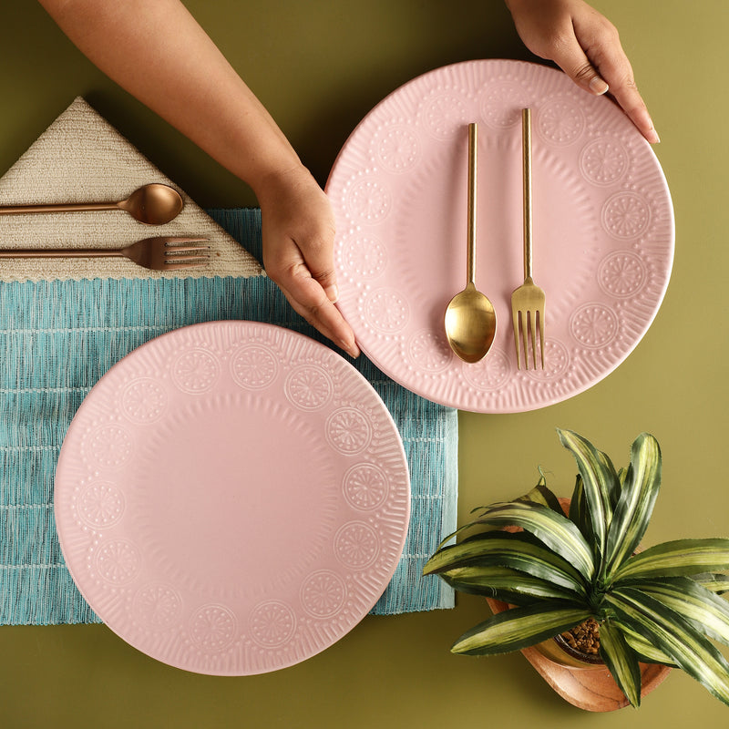 Ceramic Emboss Rim Dinner Plate- Pink (Set of 2)