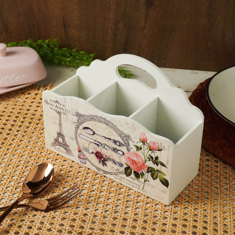 Wooden French Rose Caddy Cutlery Holder