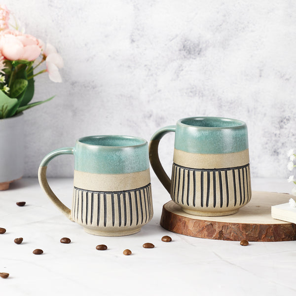 Ceramic Semi-Glazed Groove Mug- Set of 2 (Turquoise) (Medium)