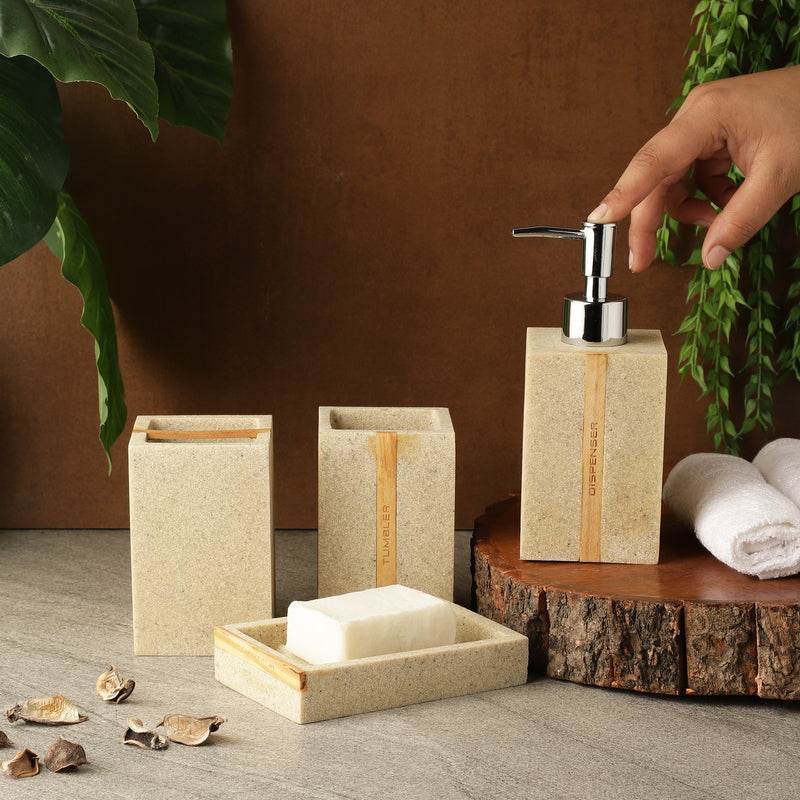 Wooden Slit Polyresin Bath Accessory Set