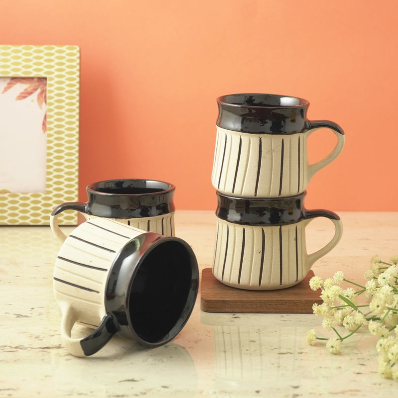 Black Striped Big Ceramic Cups- Set of 2 (Black)