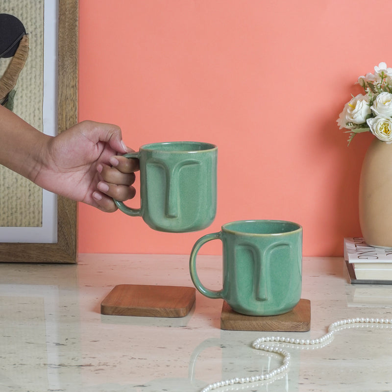 Green Ceramic Face Mug Set of 2