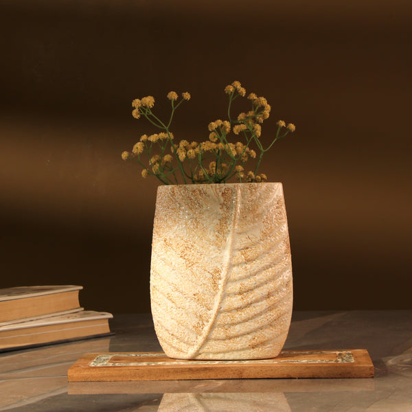 Beige Swatched Leaf Imprint Vase