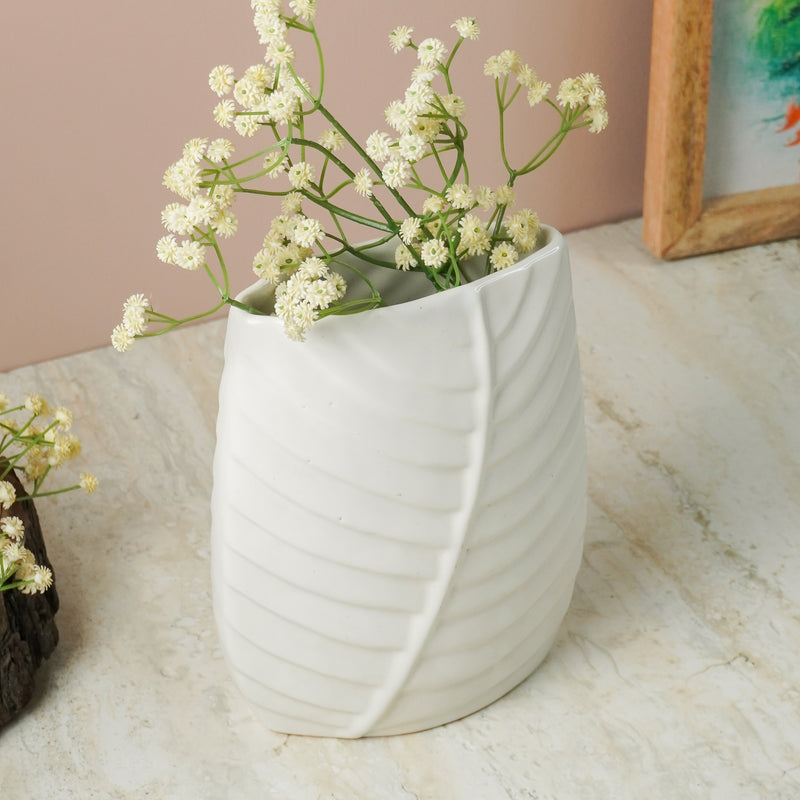 Leaf Imprint Large Ceramic Vase- White