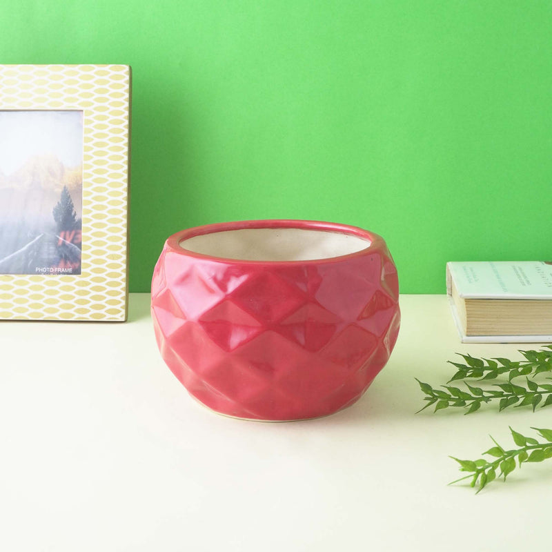 Round Textured Ceramic Planter- Red