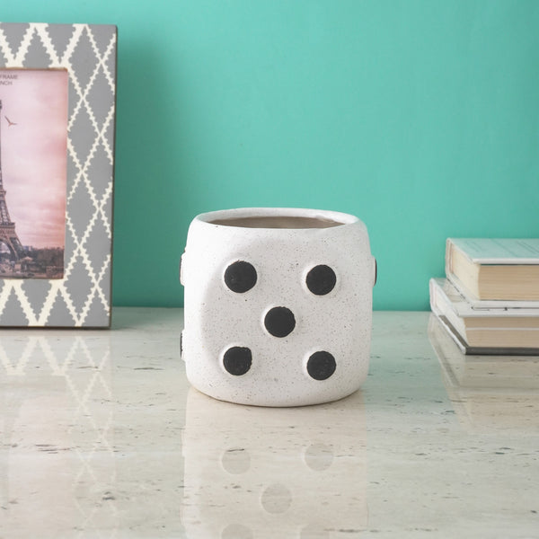 Round Dice Ceramic Planter- White