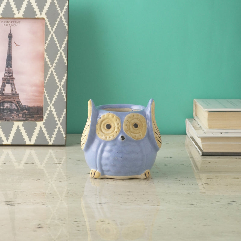 Small Ceramic Owl Planter- Blue