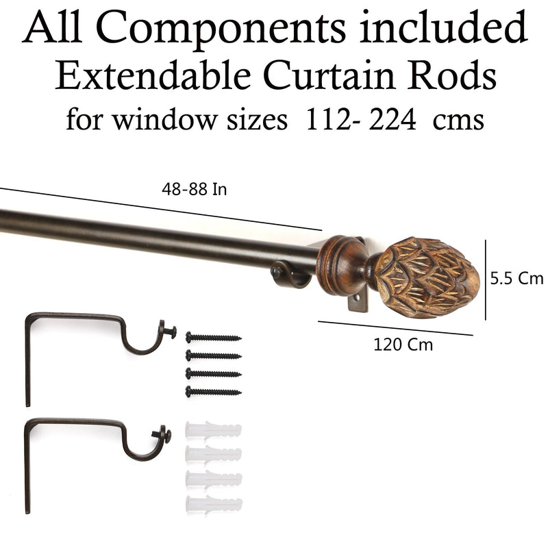 Carved Mughal Wood Finial Extendable Curtain Rod Black 25MM (Hardware Included) - The Decor Mart 