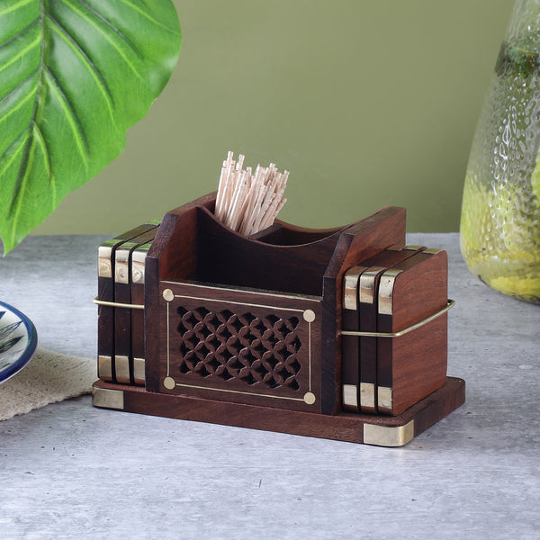 Wooden Cutlery Holder with Coaster Set- Jali