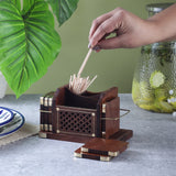 Wooden Cutlery Holder with Coaster Set- Jali