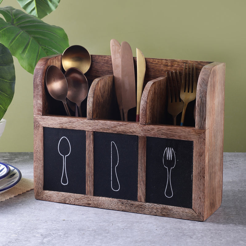 Wooden Cutlery Box (with wall hooks)- Dark Wood