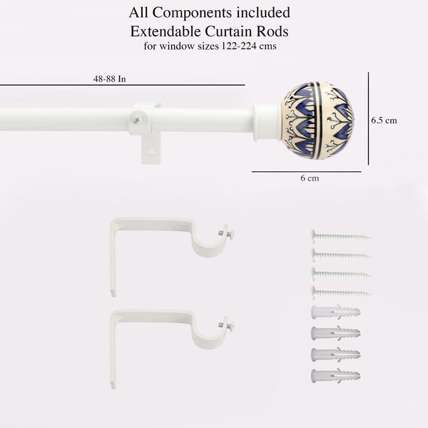Handpainted Botanic Ceramic Finial Extendable Curtain Rod White 19MM (Hardware Included) - The Decor Mart 