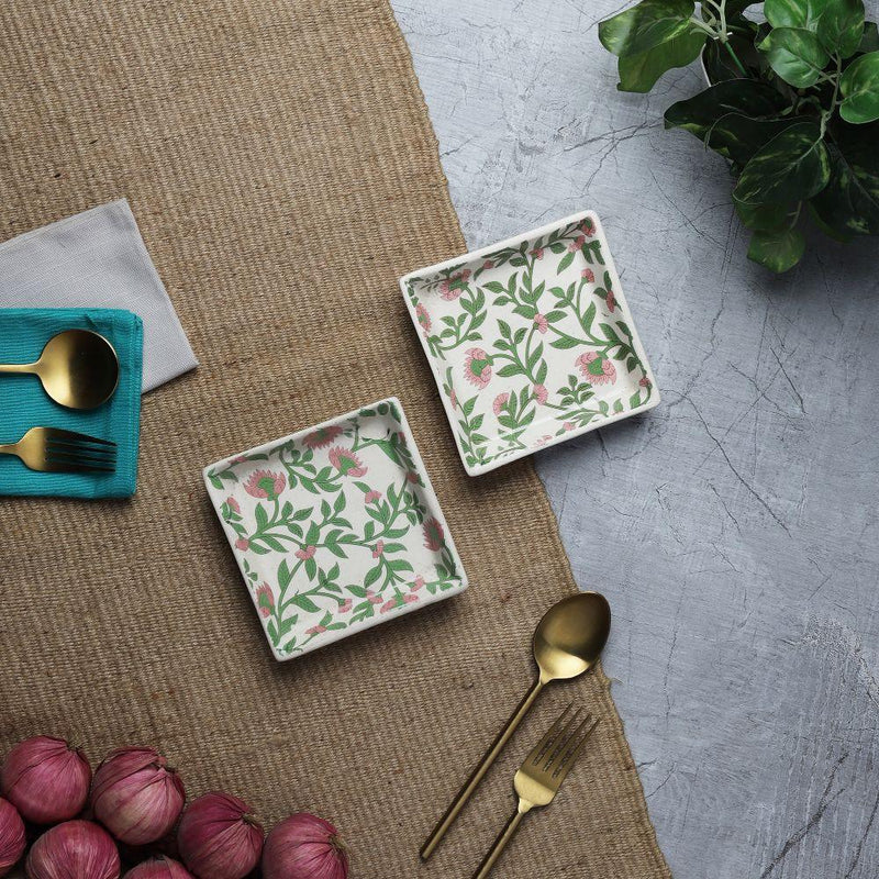 Ceramic Floral Sqaure Serving Platter- Set of 2 - The Decor Mart 