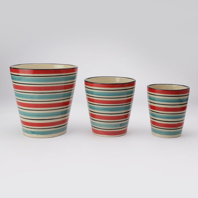 Ceramic Stripe Planter- Green (Set of 3) - The Decor Mart 