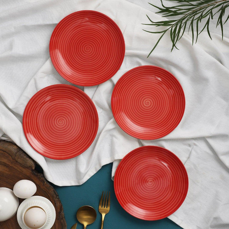 Ceramic Red Spiral Quarter Plate- Set Of 4 - The Decor Mart 