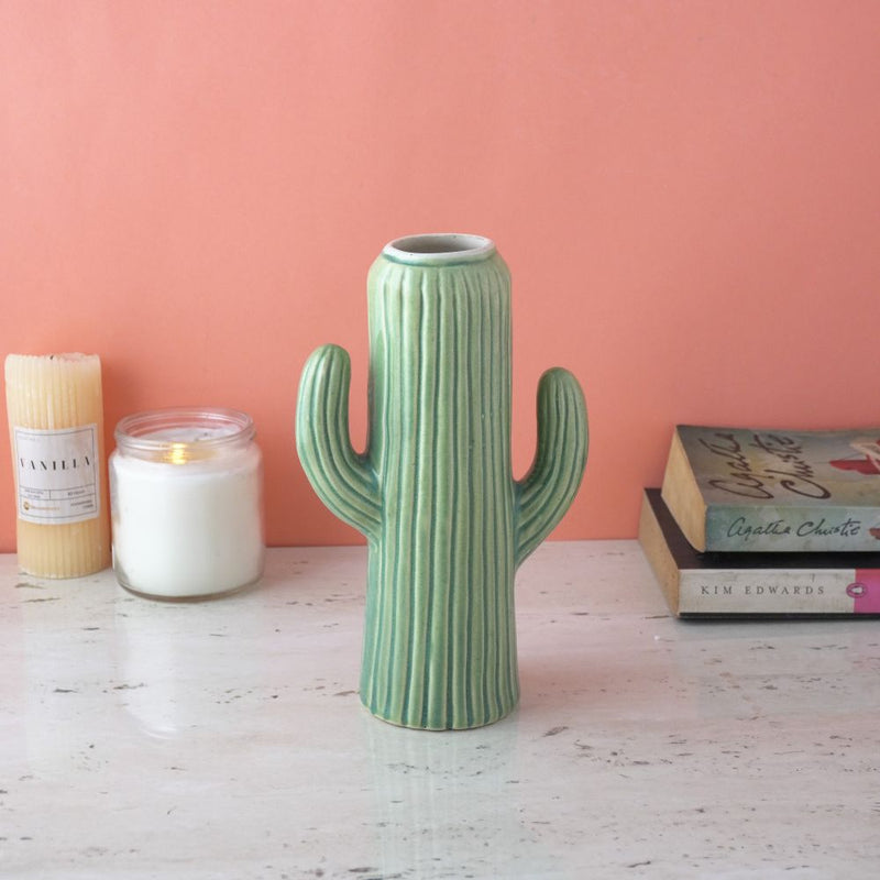 Rustic Green Cactus Ceramic Vase