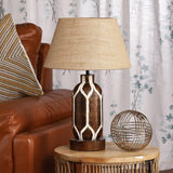 White Hex Engraved Walnut Table Lamp With Jute Shade (Bulb Included) - The Decor Mart 