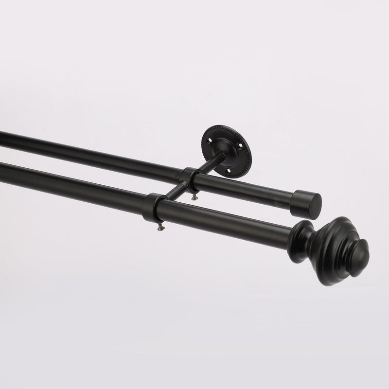 Typho Black Metal Finial Extendable Double Curtain Rod Black 19MM (Hardware Included) - The Decor Mart 