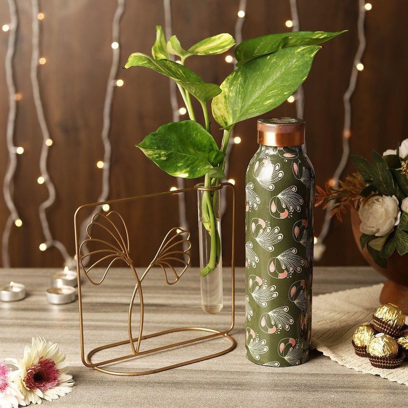 Copper Bottle with Test Tube Planter- Olive Peacock - The Decor Mart 