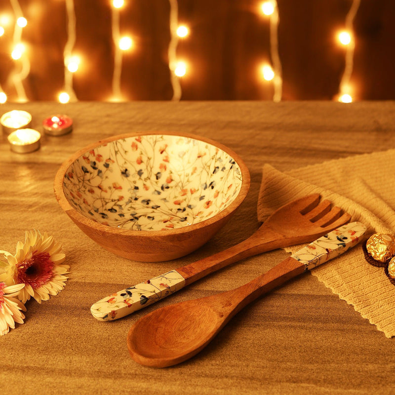 Multipurpose Wooden Bowl with Cutlery- Spring Meadow - The Decor Mart 