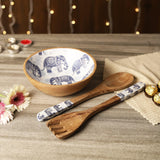 Multipurpose Wooden Bowl with Cutlery- Royal Elephant - The Decor Mart 