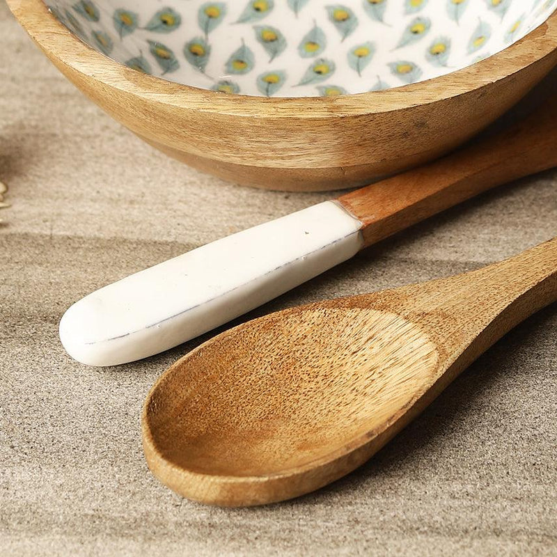 Multipurpose Wooden Bowl with Cutlery- White Peacock - The Decor Mart 