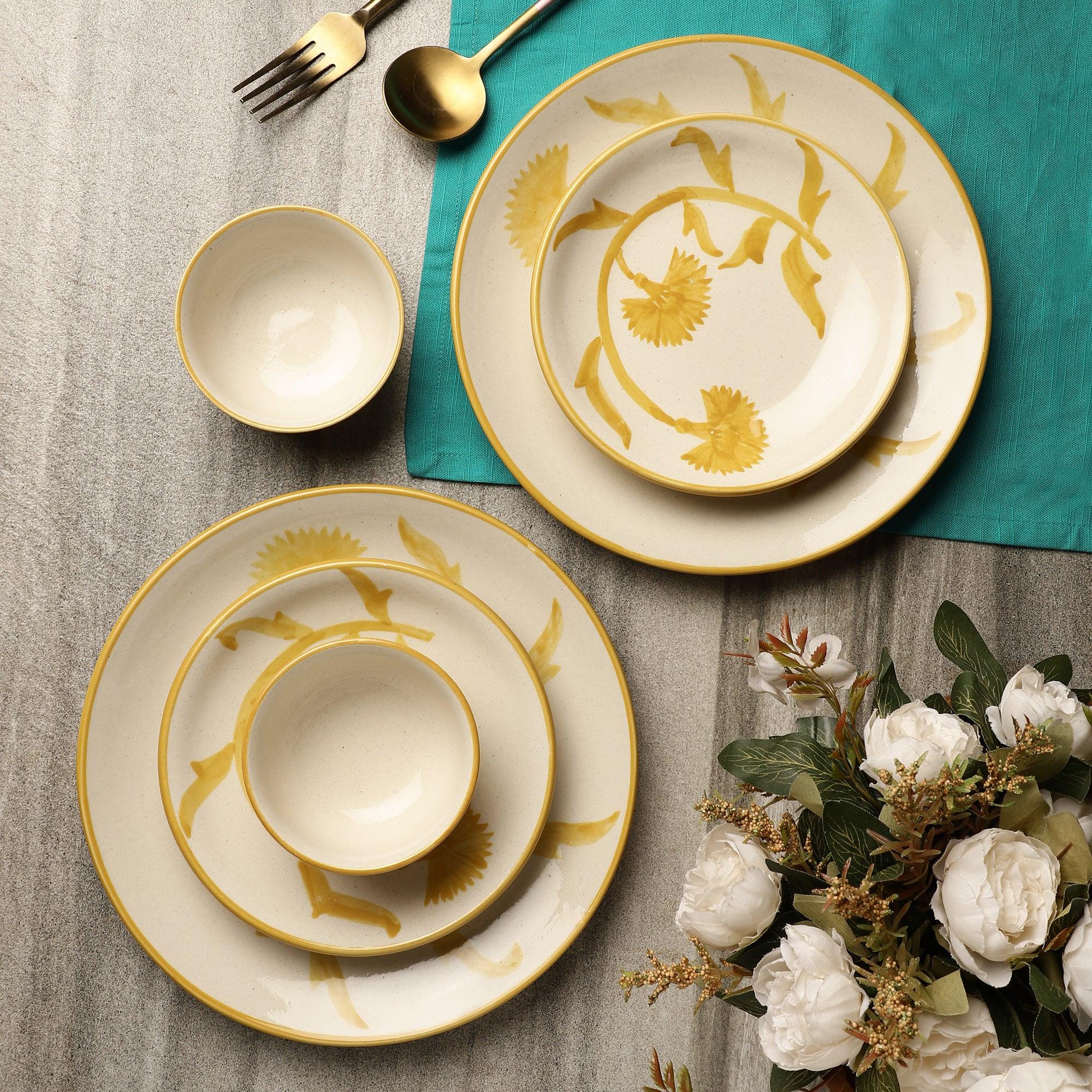 Ceramic Yellow Blossom Dinner Plates, Quarter Plate with Bowls- Set Of ...