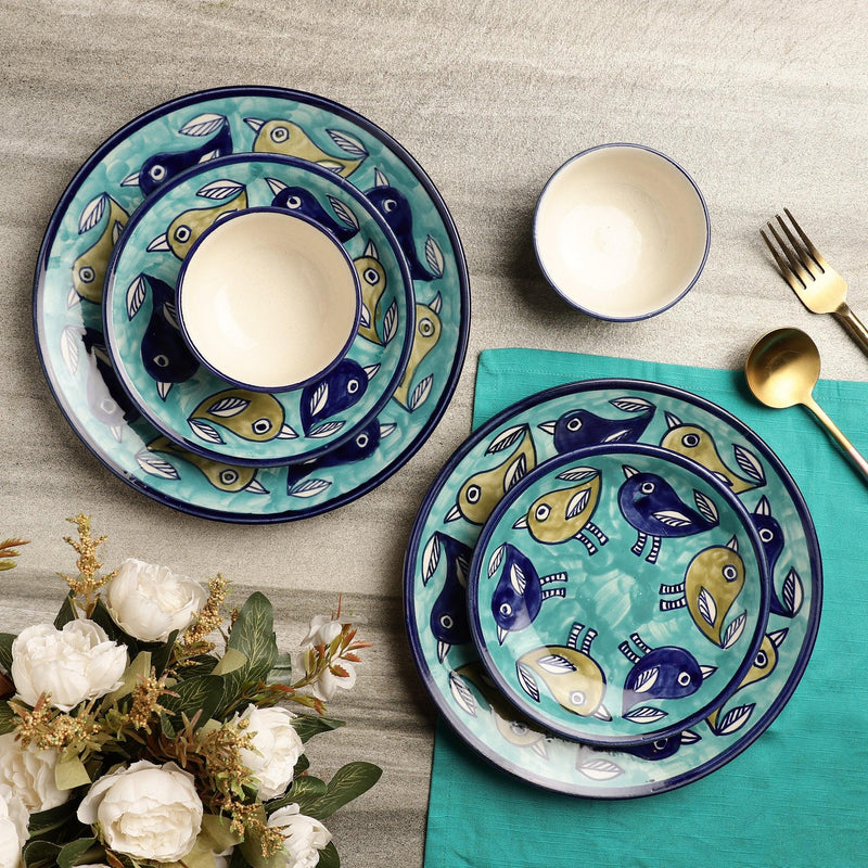 Ceramic Whimsical Birds Dinner Plates, Quarter Plate with Bowls- Set Of 2 - The Decor Mart 