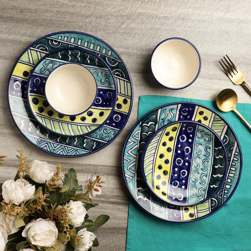 Ceramic Stripped Rain Dinner Plates, Quarter Plate with Bowls- Set
