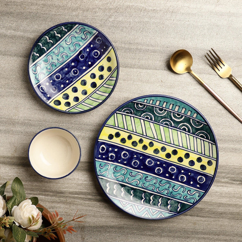 Ceramic Stripped Rain Dinner Plates, Quarter Plate with Bowls- Set Of 2 - The Decor Mart 