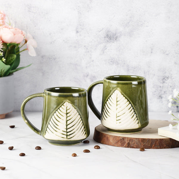 Ceramic Glazed Leaf Mug- Set of 2 (Green) (Medium) - The Decor Mart 