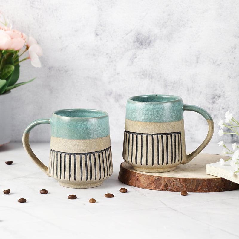 Ceramic Semi-Glazed Groove Mug- Set of 2 (Turquoise) (Medium) - The Decor Mart 