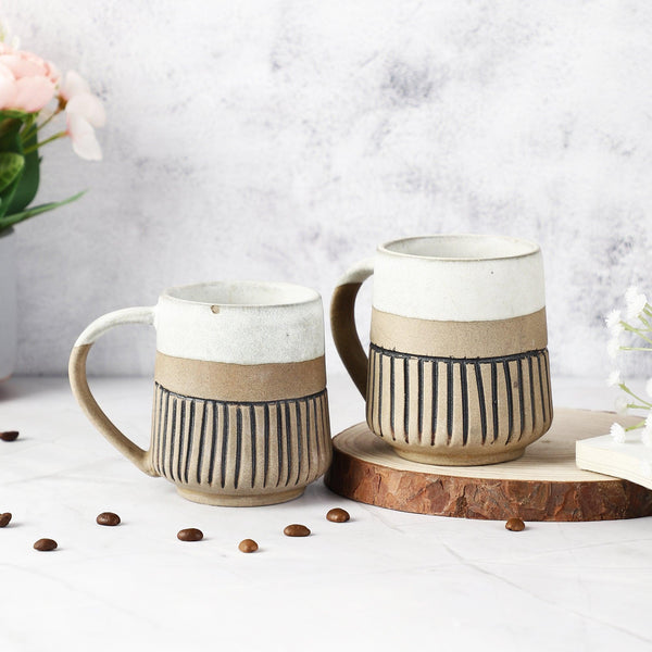Ceramic Semi-Glazed Groove Mug- Set of 2 (White) (Medium) - The Decor Mart 