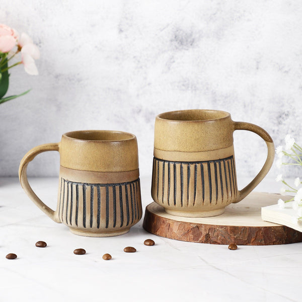 Ceramic Semi-Glazed Groove Mug- Set of 2 (Brown) (Medium) - The Decor Mart 