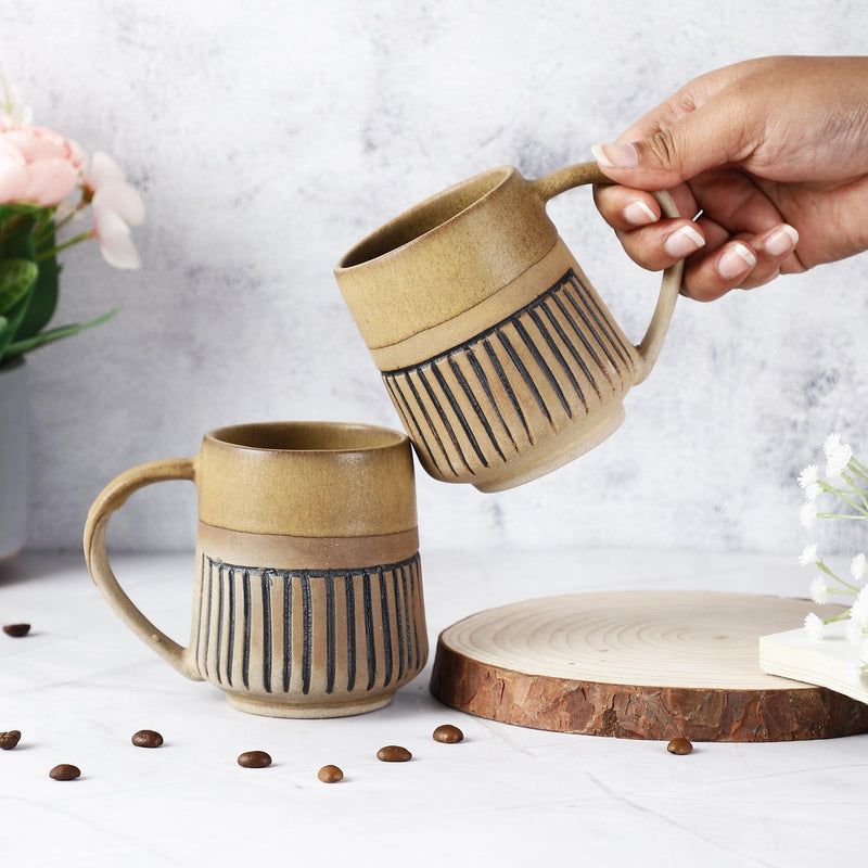 Ceramic Semi-Glazed Groove Mug- Set of 2 (Brown) (Medium) - The Decor Mart 