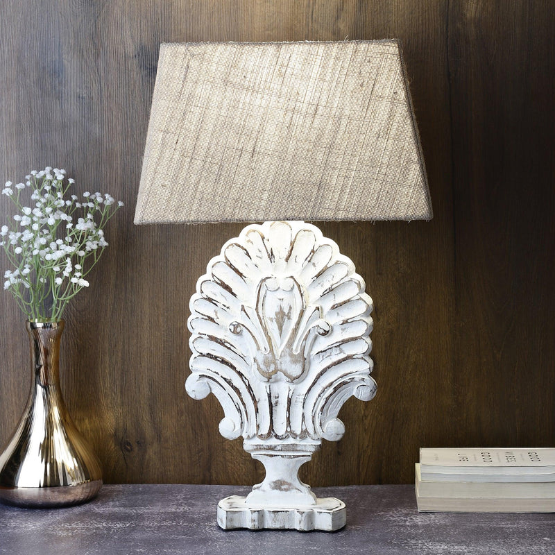 White Distressed Flora Wood Table Lamp With Jute Shade (Bulb Included) - The Decor Mart 