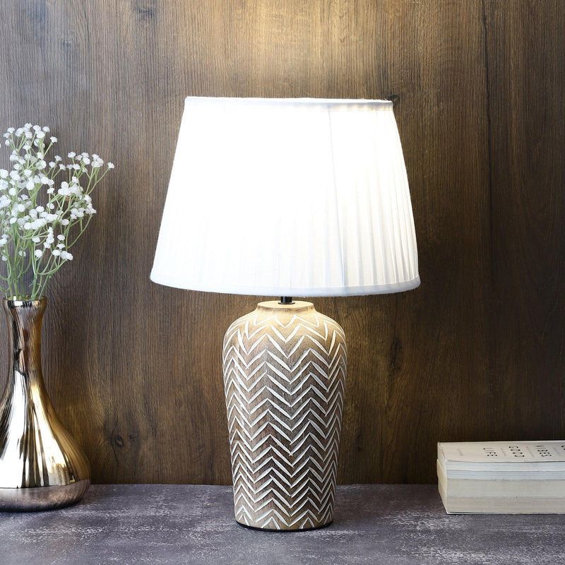 White Chevron Engraved Natural Table Lamp With Pleated Shade (Bulb Included) - The Decor Mart 