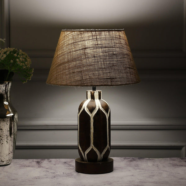 White Hex Engraved Walnut Table Lamp With Jute Shade (Bulb Included) - The Decor Mart 