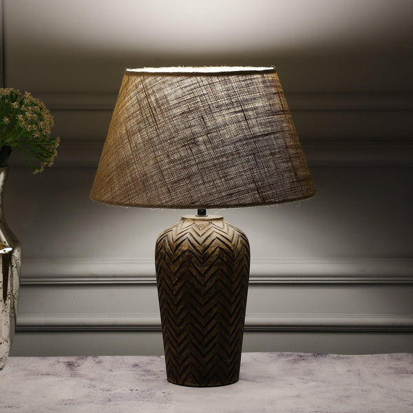 Walnut Engraved Table Lamp With Jute Shade (Bulb Included) - The Decor Mart 