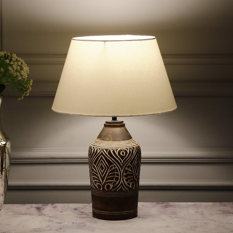 White Engraved Walnut Table Lamp With Shade (Bulb Included) - The Decor Mart 