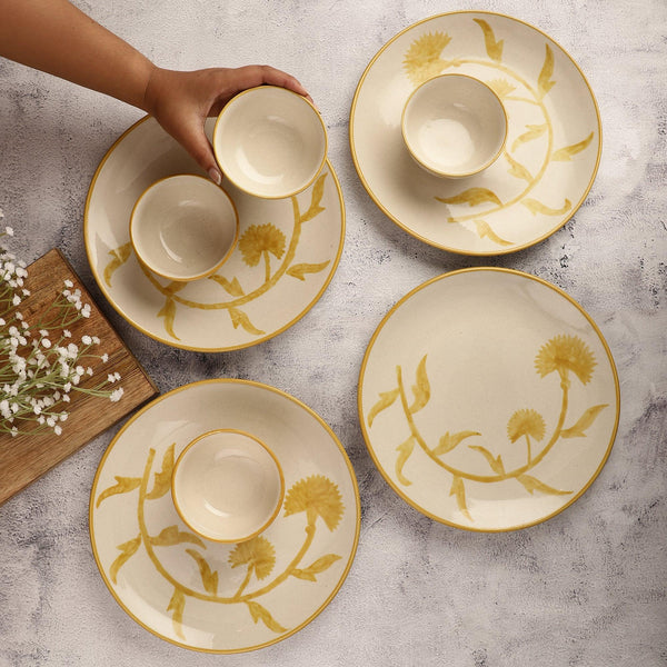 Yellow Blossom Dinner Plates with Bowls- Set Of 4 - The Decor Mart 
