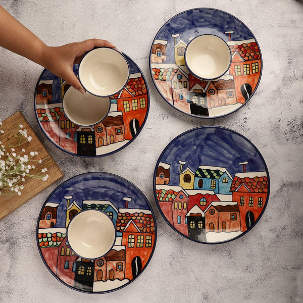 Ceramic Snowy Town Dinner Plates with Bowls- Set Of 4 - The Decor Mart 