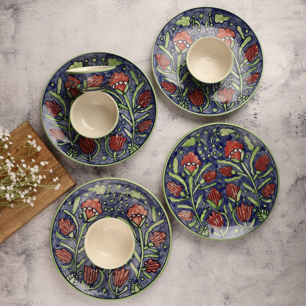 Ceramic White Eye Flowers Dinner Plates with Bowls- Set Of 4 - The Decor Mart 