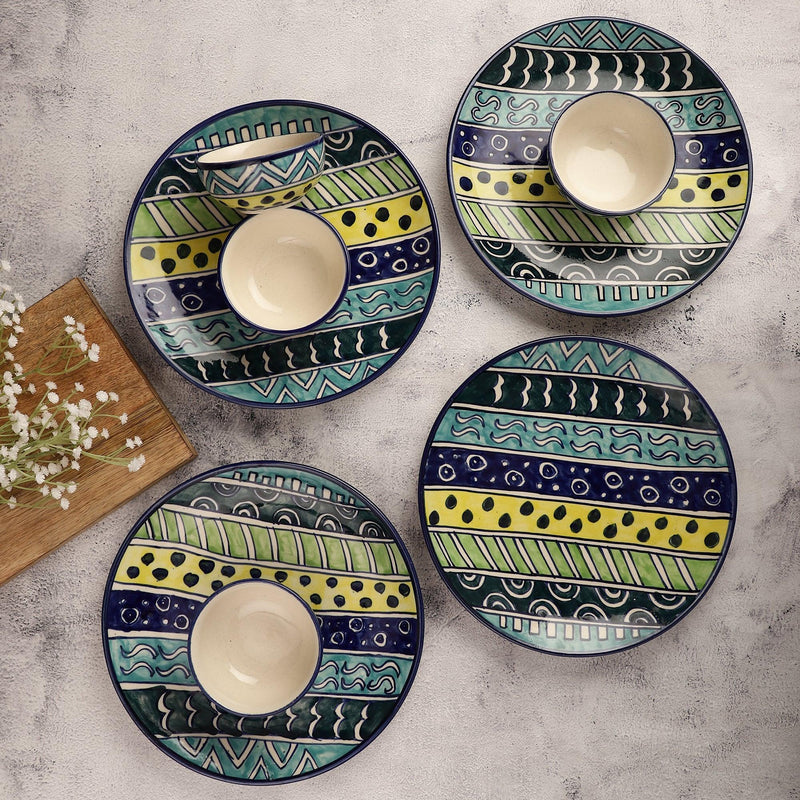 Ceramic Stripped Rain Dinner Plates with Bowls- Set Of 4 - The Decor Mart 